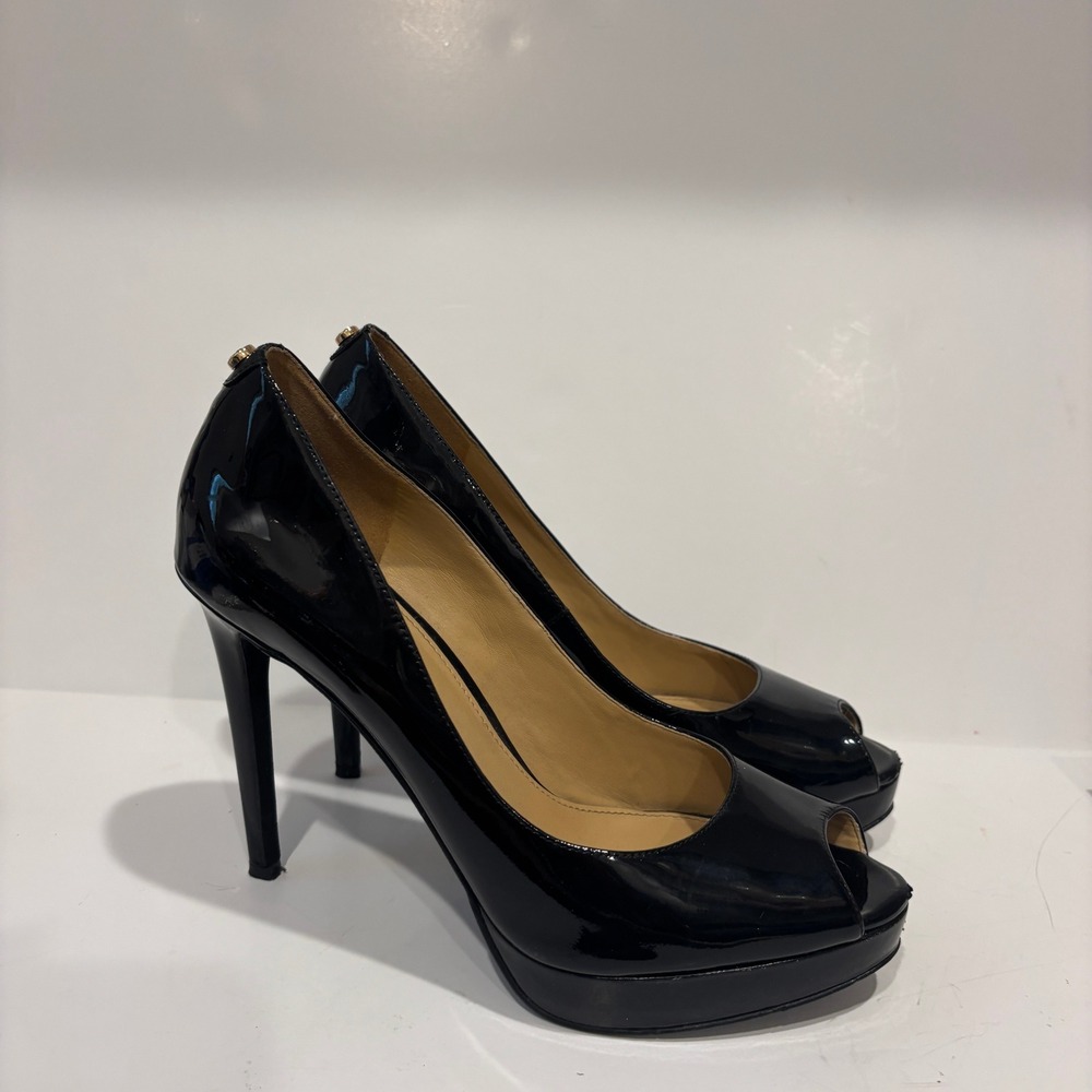 Michael Michael Kors Black Patent Leather Peep Toe Platform Pumps MK Logo Heel